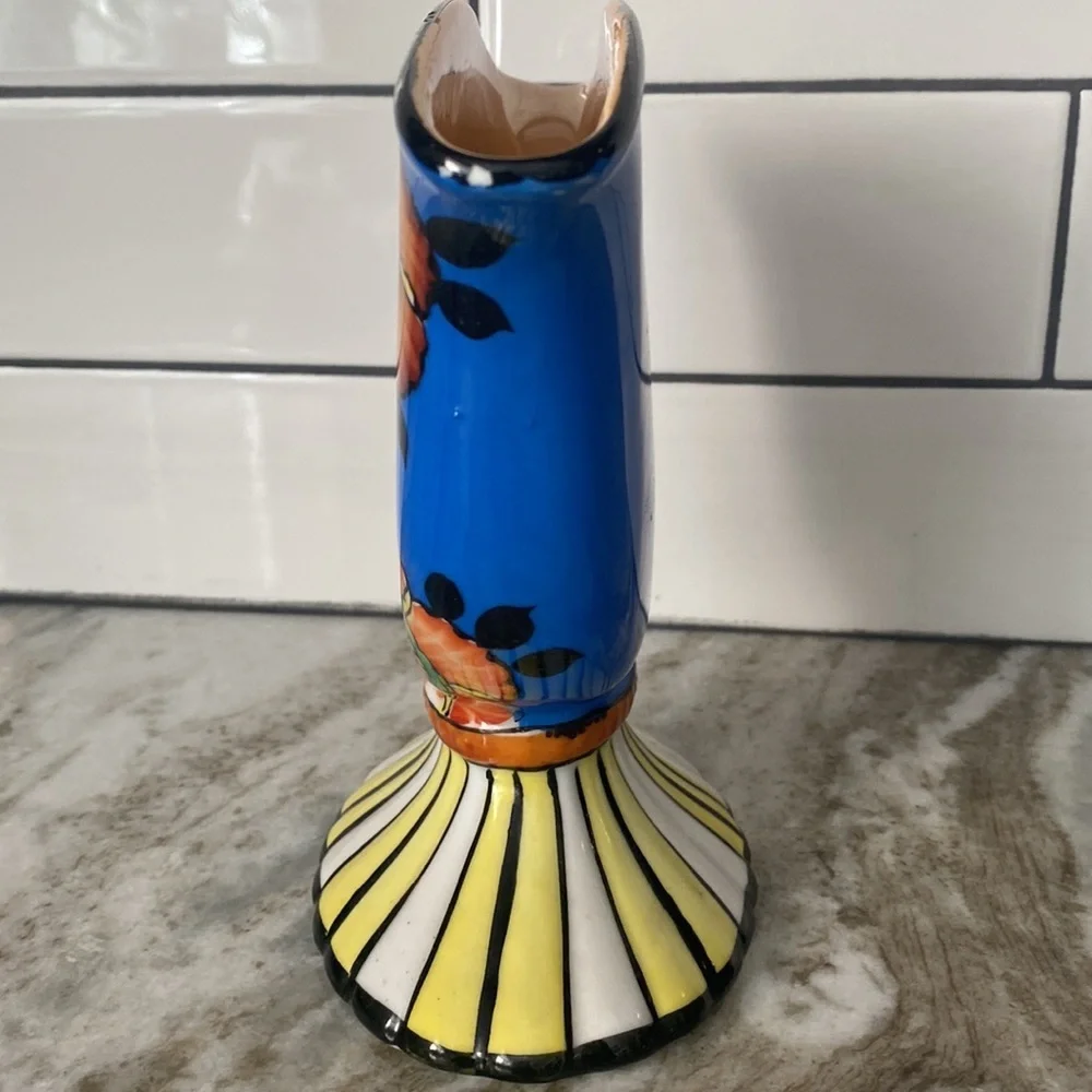 Art Deco Style Sakura Ware Fan Vase, Made in Japan hand painted. Colorful floral